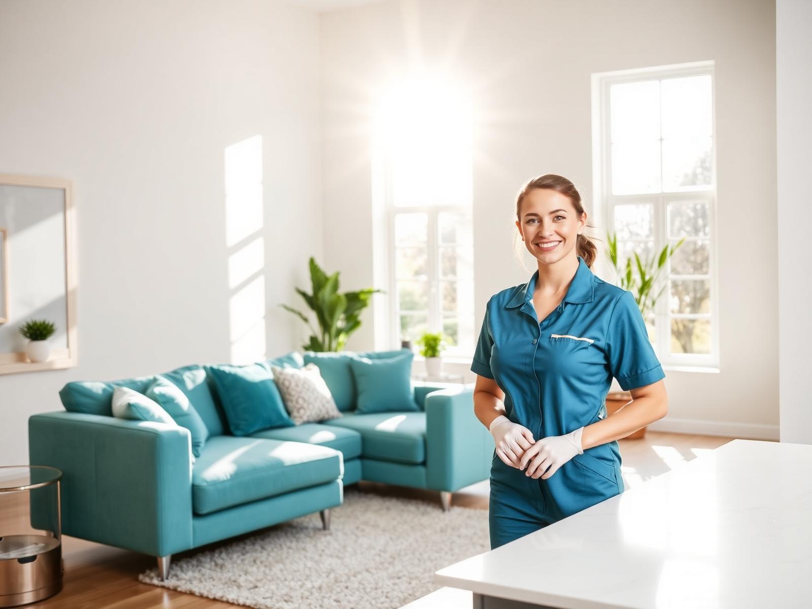 Professional cleaner in a bright, freshly cleaned living room